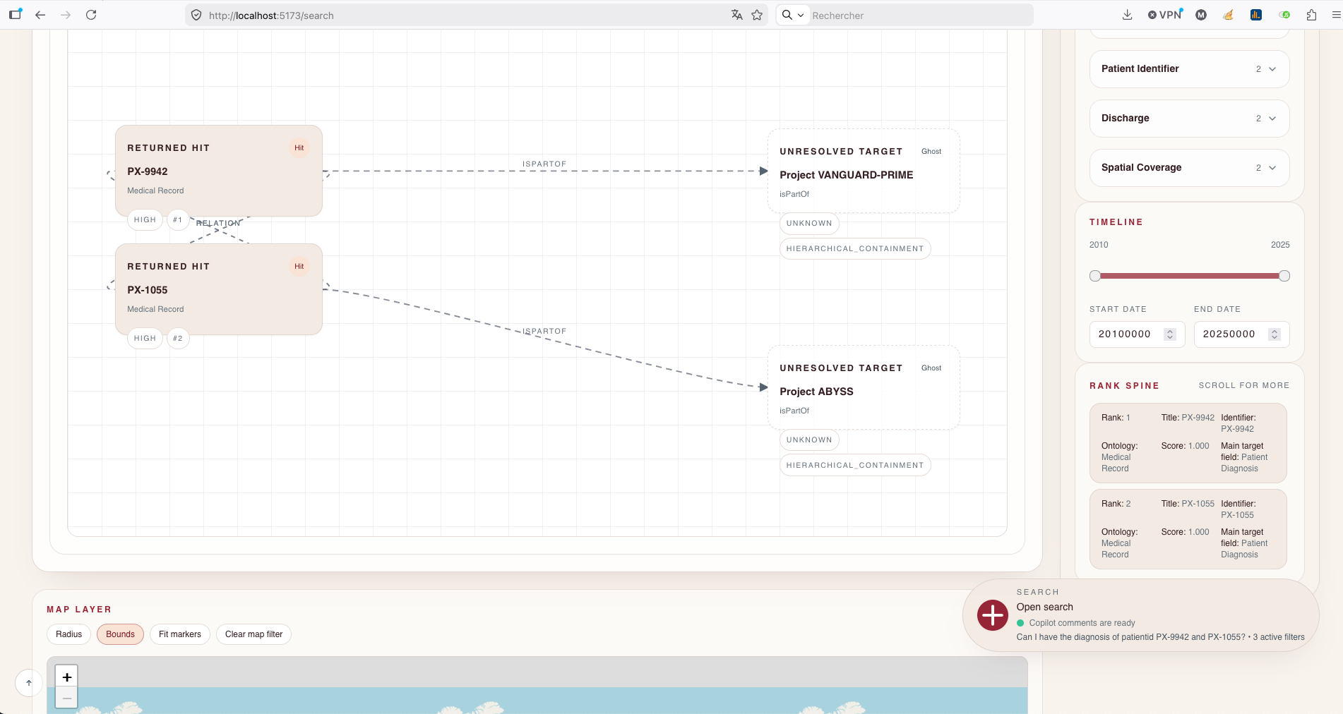 Light CARM'INK SEE MVP screen showing returned hits connected to unresolved targets on a semantic canvas.